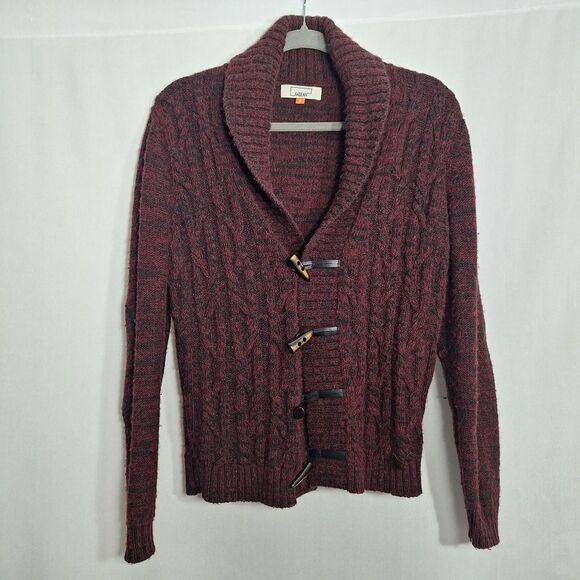Andean Mens Alpaca Wool Blend Cable Knit Shawl Cardigan Sweater Maroon Small - Picture 1 of 15